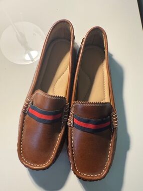 Elephantito Brown Kids Leather Dress Loafers with Red & Navy Stripe